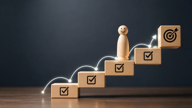 Smiling wooden figure climbing block staircase with glowing upward arrow and target icon for business growth and goal achievement concept