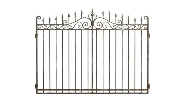 Vintage wrought iron gate with ornate scrollwork, decorative black metal garden fence isolated on white, antique entrance gate with spear finials