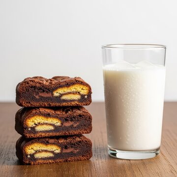 A stack of decadent brookies featuring dark chocolate brownie and golden cookie layers paired with a refreshing glass of milk on wood, fresh, pastry, kitchen