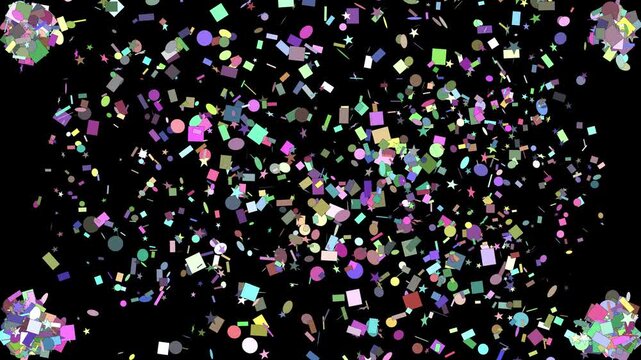 bright colorful shapes and patterns resembling confetti exploding from the corners of the screen in a festive celebration