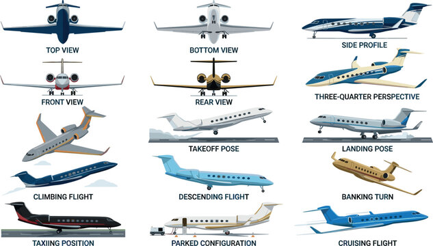 Private Jet and Corporate Airplane Vector Asset Pack Featuring Multi Angle Views, Takeoff, Landing, Taxiing, and Cruising Flight Configuration Poses