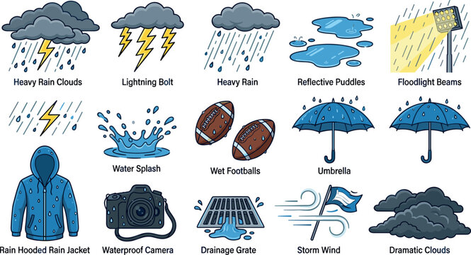 Severe Storm Weather and Rainy Football Match Element Set with Heavy Rain Clouds, Lightning Bolts, Water Splashes, Umbrellas, and Wet Sports Gear Vector Icons