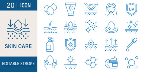 Naklejka premium Skin care icon set. Out line icon of moisture, cooling, shielding evaporation, elasticity, hydration, absorption, repair, and protection indicates .Vector illustration.