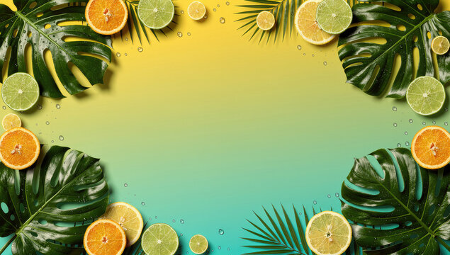 Vibrant citrus fruits and lush green leaves arranged in a colorful border on a gradient background