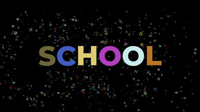 various letters manifesting after a bright fireworks explosion while the word school emerges in the center of the frame with a randomized color pattern