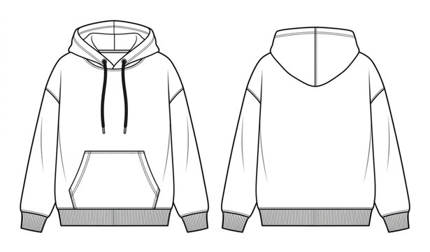 Modern streetwear hoodie technical flat drawing fashion vector template for tech pack