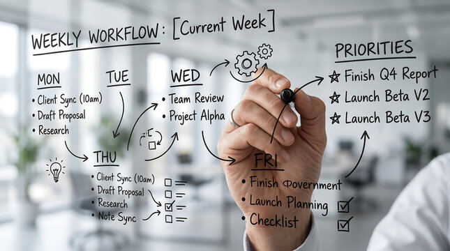 Close-up of a hand writing a weekly workflow and priorities on a transparent glass board in an office setting.