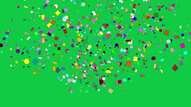 a vibrant explosion of multicolored symbols resembling festive confetti set against a professional green cinematic background for creative video production