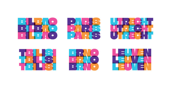 Typography pack with Bilbao, Paris, Utrecht, Tbilisi, Brno, and Leuven vector illustrations. Minimalist overlapping bold text graphic design, icon set on white background