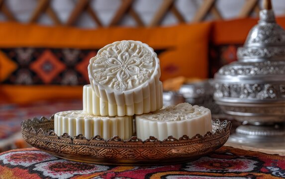 Mongolian Tsagaan Sar Celebration with Aaruul Dried Curd on Decorative Plate