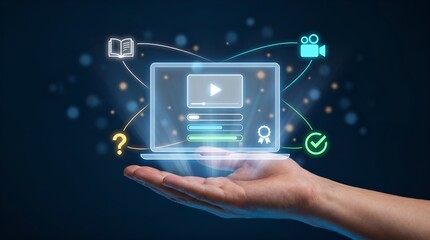 Fototapeta premium E-learning digital education concept, hand holding glowing laptop with online course icons, virtual training and distance learning technology
