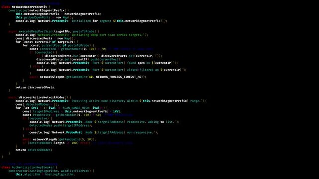 Colorful software code scrolling down a dark background which concludes with the bold text password found appearing