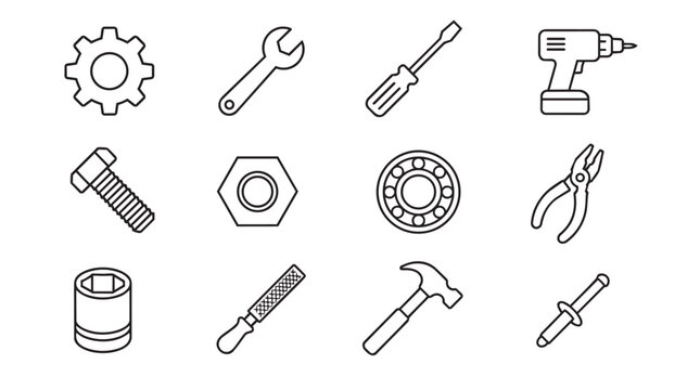 Set of construction tools and hardware mechanical icons outline