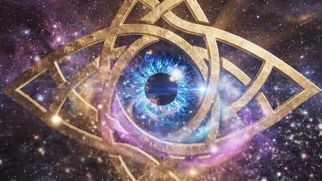A mystical blue eye surrounded by gold Celtic knotwork shines brightly in a starry galaxy with purple nebulae and cosmic dust.