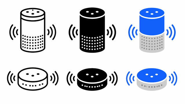 Smart speaker icon set with audio waves in black and blue