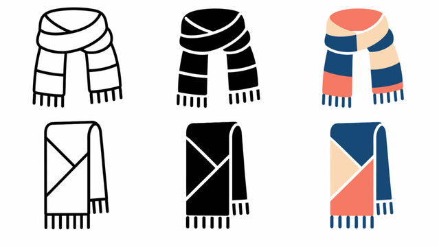 Collection of six colorful and monochrome scarf icons with minimal design