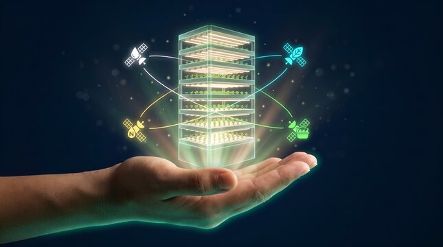 Futuristic data center hologram in hand, global satellite network connection, glowing digital server tower with orbital communication icons