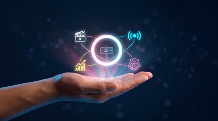 Fototapeta premium Digital content creation concept with glowing ring light and media icons over hand, social media marketing and influencer strategy, video production technology