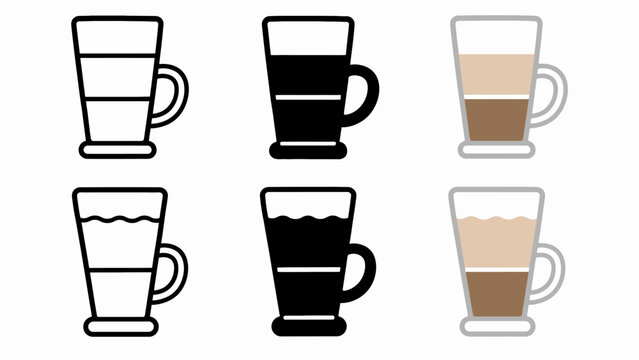 Icon set of coffee cups: espresso, latte, and water outlines