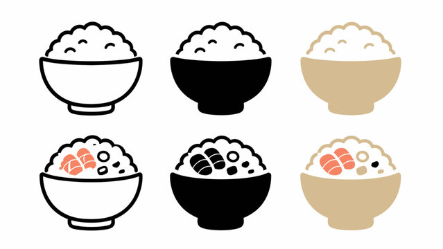 Icon set of rice bowls with sushi and peas in various colors and styles