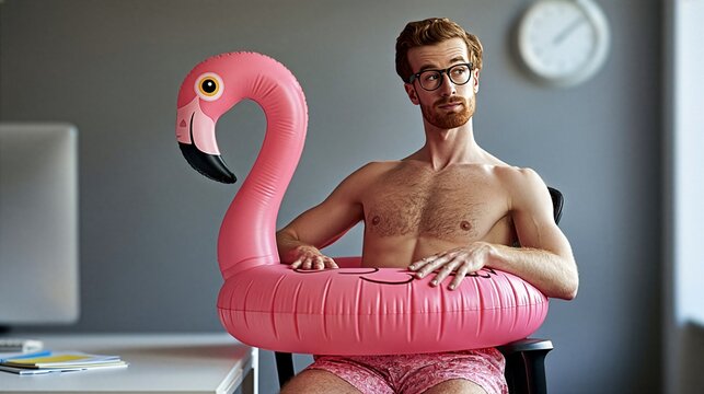 Office employee in pink shorts and flamingo pool float  seated at desk, dreaming of summer escape, humorous contrast between workplace routine and carefree vacation fantasy, absurd comical situation