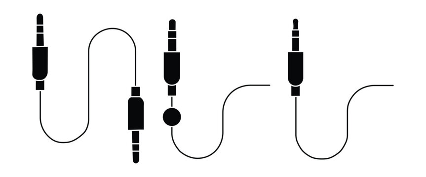 Audio Cable Icon Set &ndash; AUX Cable, Stereo Jack Plug, Sound Connector, Audio Wire, Music Equipment, Outline & Silhouette Vector Collection