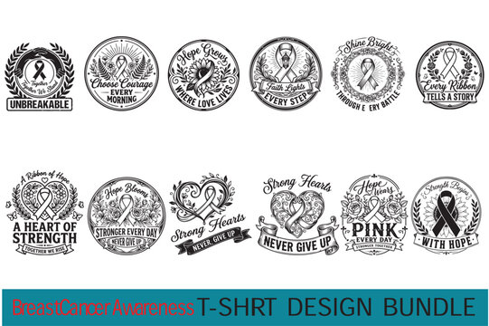 Premium Breast Cancer Awareness Black and White Minimal T-Shirt Design Bundle