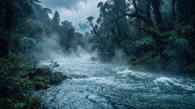 Rushing river flowing through a dense, lush rainforest during a moody, misty, and stormy day with dramatic rain and mossy vegetation in a nature landscape.