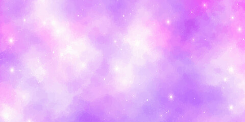 A dreamy, ethereal backdrop of swirling purple and pink clouds dotted with twinkling stars, evoking a sense of magic and wonder. © Pixel Lala