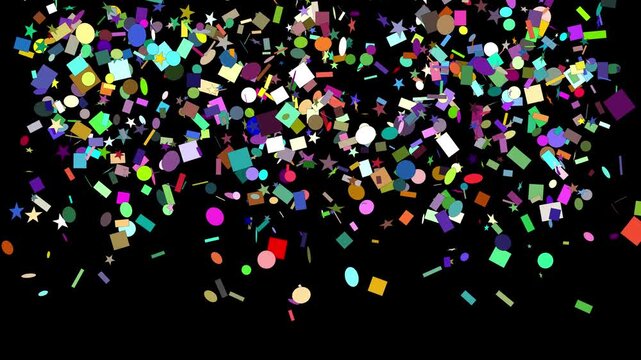 numerous bright multicolored confetti pieces and symbols cascading and falling down from the top of the frame against a clean black background