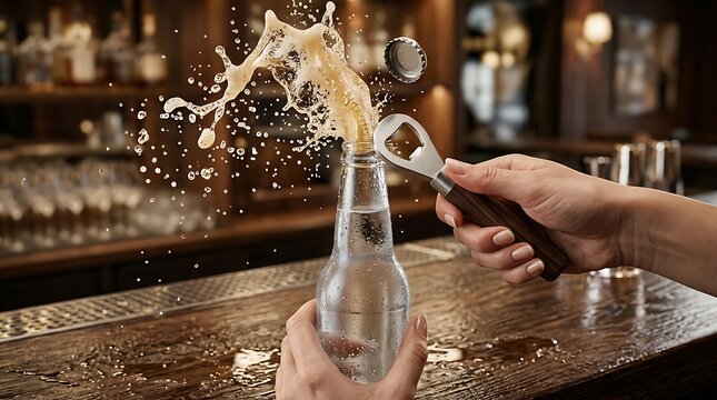 Close-up of a person opening a bottle with an opener on a bar counter, causing a dynamic liquid splash
