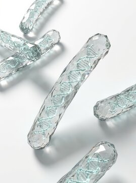 Abstract representation of DNA structures within crystalline hexagonal prisms against a soft gradient background