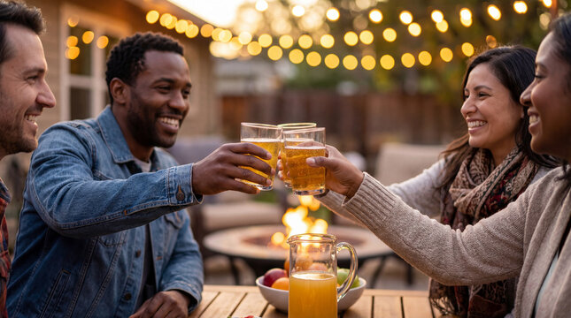 Friends toast glasses of cold beer on backyard patio near fire pit string lights fruit pitcher showing relaxed social gathering celebration laughter outdoor hospitality weekend community mood