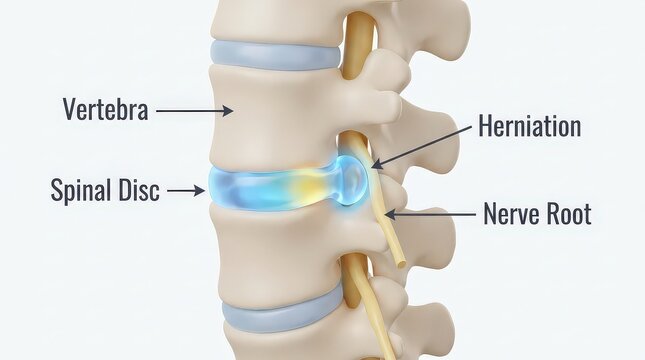 Medical Illustration of a Herniated Spinal Disc Impinging on a Nerve Root and Vertebrae Anatomy