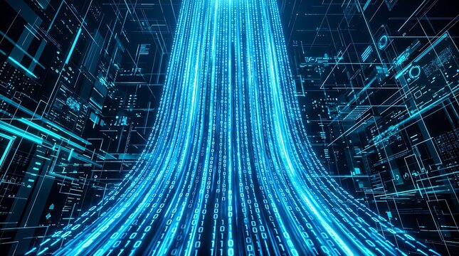 Cascading binary code flowing through a digital cyberspace in blue light