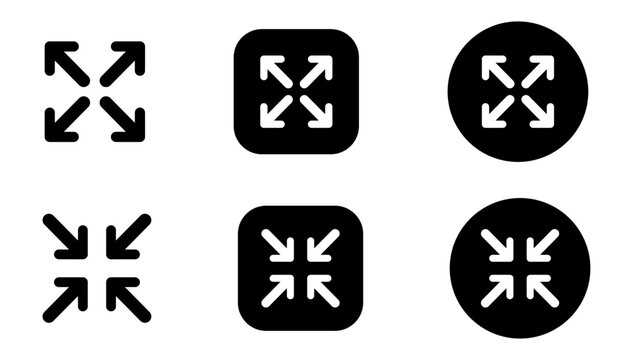 Expand and collapse icon set-outline, rounded square, and solid circle. Fullscreen and compress vector symbols for UI, app, and web design.