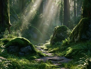 Obraz premium Sunlight filter through tall trees and lush mossy forest landscape path