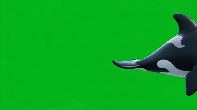 Cute 3D cartoon orca swimming across a green screen
