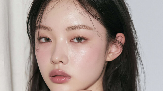 艶のあるみずみずしい肌をした若いアジア人女性のポートレート、ナチュラルメイクと明るい背景 / Portrait of a young Asian woman with glowing dewy skin, natural makeup and bright background