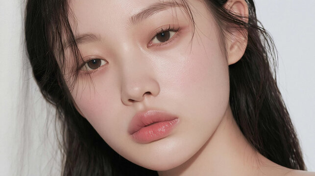 艶のあるみずみずしい肌をした若いアジア人女性のポートレート、ナチュラルメイクと明るい背景 / Portrait of a young Asian woman with glowing dewy skin, natural makeup and bright background