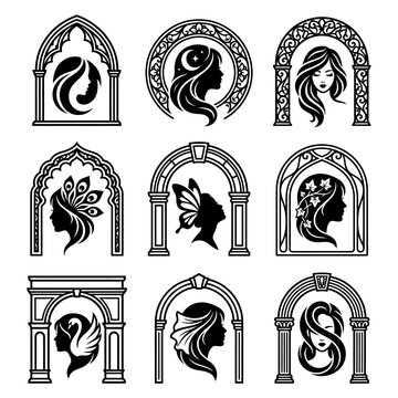 Architectural decorative window designs with silhouettes.