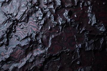 Fototapeta premium Dark, textured surface. Red patterns emerge from shadowed depths, creating abstract landscape impression. Roughness dominates visual field.