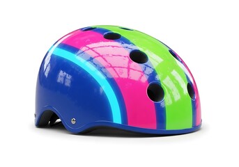 Fototapeta premium Colorful kids bike helmet with vibrant stripes, protective headgear for children, neon pink and green bicycle safety equipment on white background