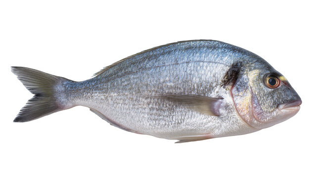 Whole raw sea bream fish with silver scales and blue sheen