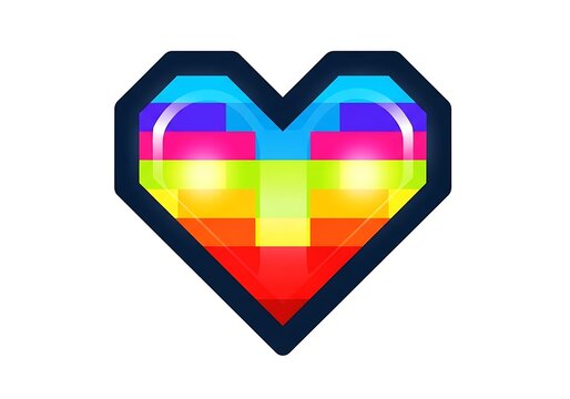 Pixel art rainbow heart icon, retro 8-bit gaming heart symbol, colorful mosaic pride heart on white background, digital gaming health life asset