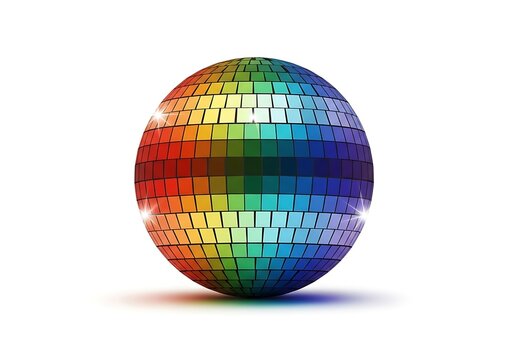 Rainbow disco ball with colorful mirror tiles, vibrant party sphere on white background, sparkling multi-color mirrorball for dance club events