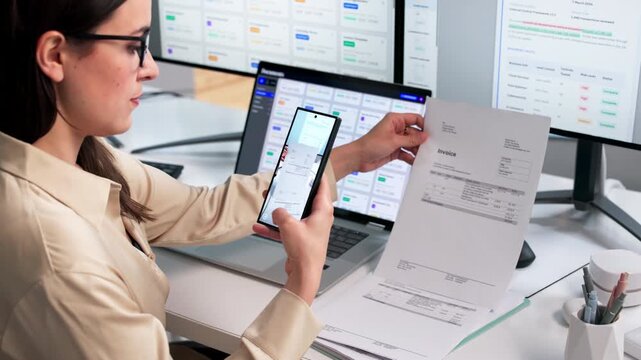 Office Worker Scans Documents Using Smartphone