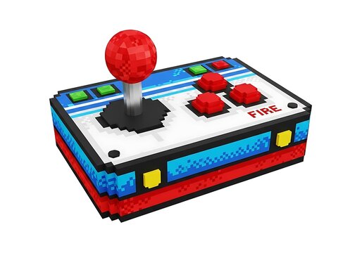 Retro pixel art arcade joystick, 8-bit vintage video game controller, voxel style gaming peripheral with red fire buttons on white background