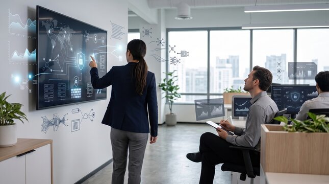 Woman presenting cybersecurity network diagram on interactive wall display, data protection, firewall, and encryption concepts with colleagues observing in high-tech office.