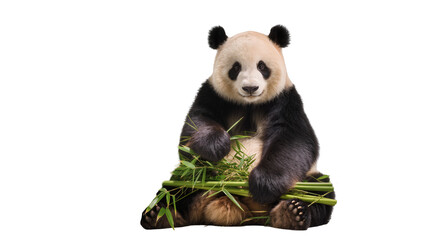 Giant panda bear sitting with bamboo stalks © Natalia